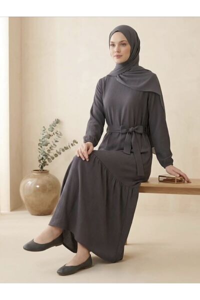 SHİROSA Bürümcük Fabric Belted Hijab Dress