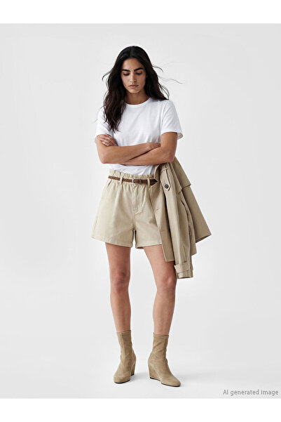 LC Waikiki Beige Belted Paperbag Women's Jean Shorts