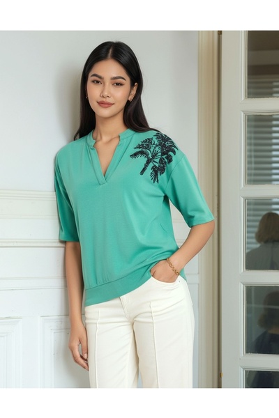 MAMAYAGA Women's V-Neck Cotton Viscose Short Sleeve Sporty Stylish Floral Emb...