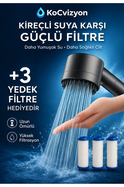 kocvizyon Filtreli Duş Başlığı Masajlı Yüksek Basınçlı +3 Yedek Filtre Su Tas...