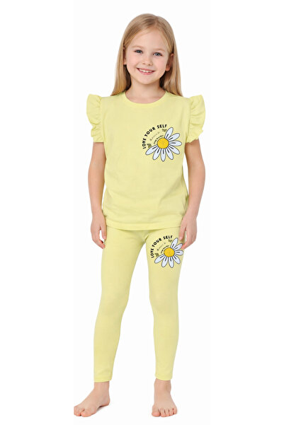 İrem Çocuk Giyim Girl's Love Written Double-Sided Daisy Patterned Yellow Colo...