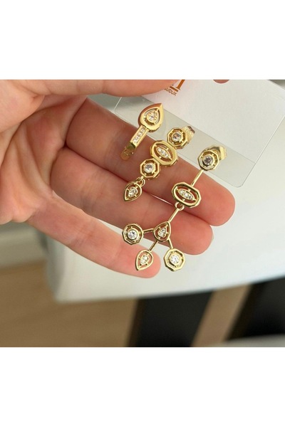 AychaAksesuar Vip steel gold color 3-piece set of earrings with stone earring...