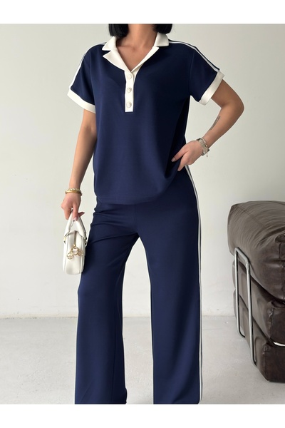 LAVRE Oversize Modal Fabric Soft Textured Striped Polo Collar Tracksuit Set