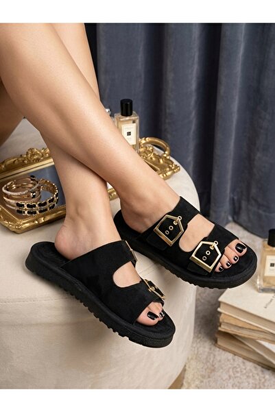 BESKAR Summer Women's Black Thin Sole Buckle Slippers