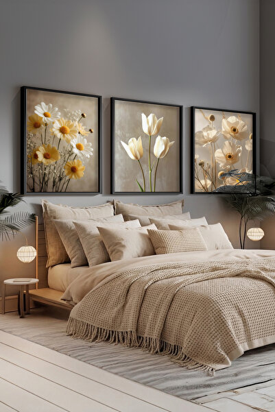 STARYUNA Τριπλό σετ ζωγραφικής με μαύρο ξύλινο πλαίσιο και θέμα λουλούδια μαρ...