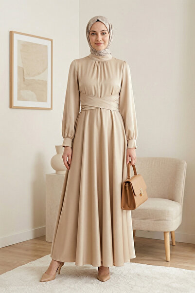 FERHEL Women's Cross-Tie Waist Satin Evening Dress - Beige