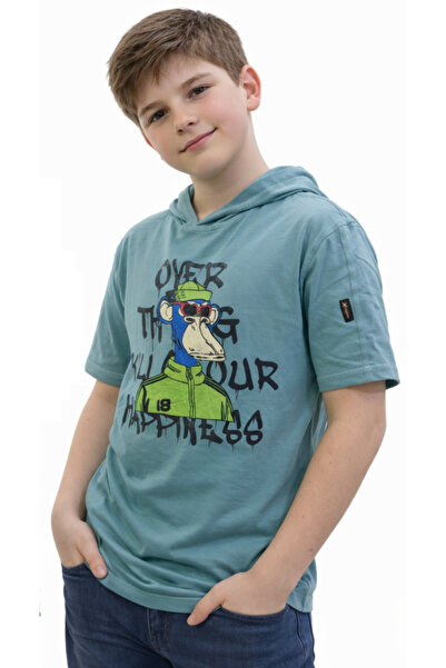 İrem Çocuk Giyim Boy's Green Color T-Shirt with Monkey Pattern and Hooded Design