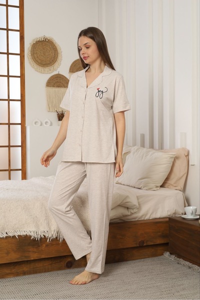Defkay : 100% Cotton Short Sleeve Full Button Women's Pajama Set - Soft Textu...