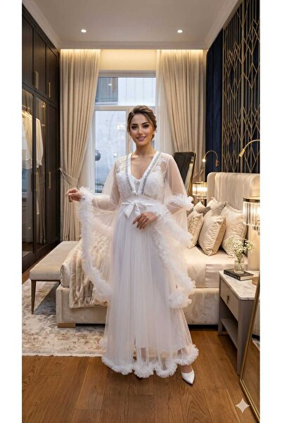 NightLove White Stone Long Fur Sleeve Detailed Dressing Gown S7570