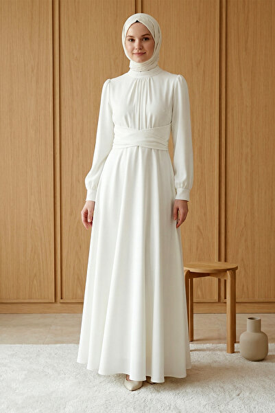 FERHEL Women's Cross-Tie Waist Satin Evening Dress - White