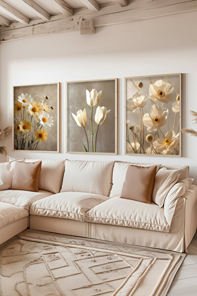 STARYUNA Ξύλινο σετ τριών πινάκων ζωγραφικής με θέμα τα λουλούδια μαργαρίτα κ...