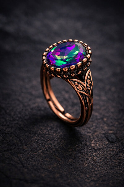 İyyaKee Women's Copper Ring Natural Mystic Topaz Stone Oval Model Clamp Ring