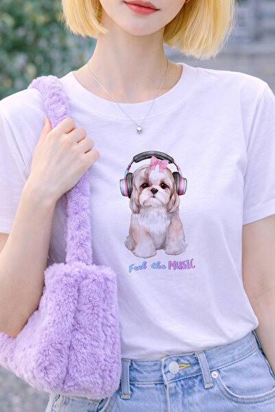 FANA Women's White Dog Print T-Shirt Terrier Cute Dog Pattern Loose Fit T-Shirt