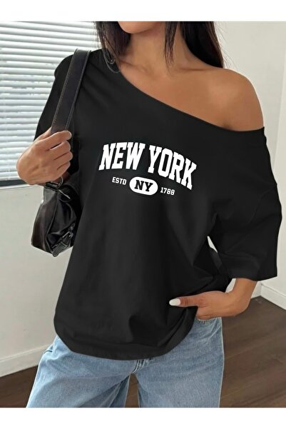 FUFLUNS ΝΕΑ ΥΟΡΚΗ NY Τυπωμένο Υπερμεγέθες Γυναικείο Μπλουζάκι με Λαιμόκοψη Κα...