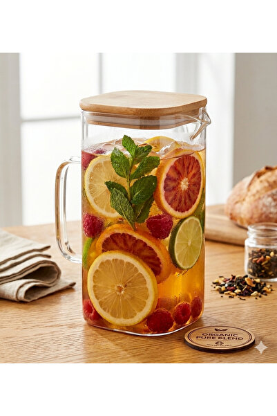 LeylArt Bambu Kapaklı , Vakumlu Cam Sürahi , 1500ml