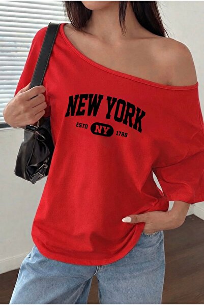FUFLUNS New York Ny Printed Oversized Women's Boat Neck T-Shirt