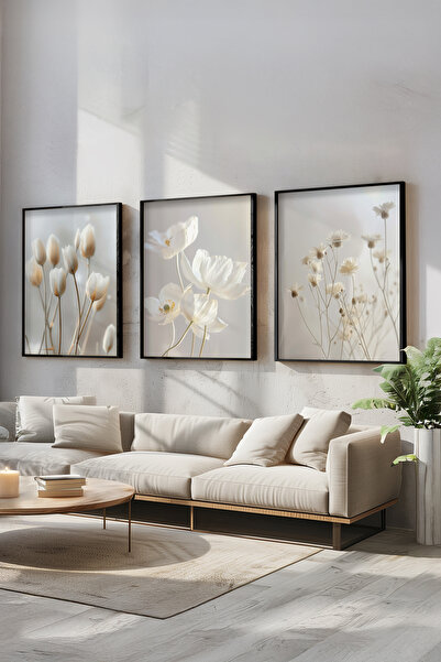 STARYUNA Μινιμαλιστικό Σετ Τριών Πίνακων με Θέμα Λευκά Λουλούδια με Μαύρο Ξύλ...