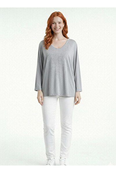 Neden Tekstil Γυναικεία άνετη γκρι πλεκτή μπλούζα με λαιμόκοψη V