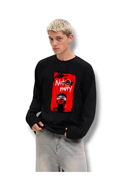 ELNOYA Not Happy Printed Black Oversize Sweatshirt
