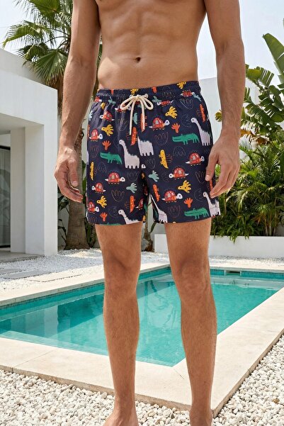 MADZEYMODA Patterned Swim Shorts Elastic Lace-Up Men's Multi-Color Lined Shor...