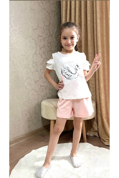 Yuka Kids Kuğu Baskılı Pamuklu Şortlu Takım 3-8 Yaş Yazlık Rahat Şık Kombin