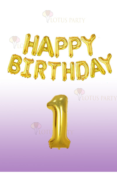 LOTUS PARTY Gold Color Happy Birthday Lettering Foil Balloon Gold Number 1 Ye...