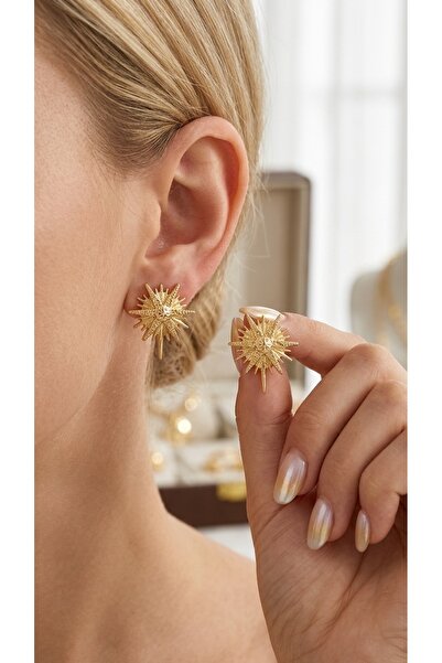 Glitter Circle Sun Earrings Women Steel Gold Color Gemstone Shiny Stylish Casual & Special Day Jewelry