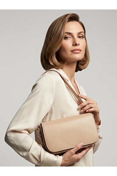 ser arte Women's Faux Leather Baguette Bag with Strap Detail Cream Handbag
