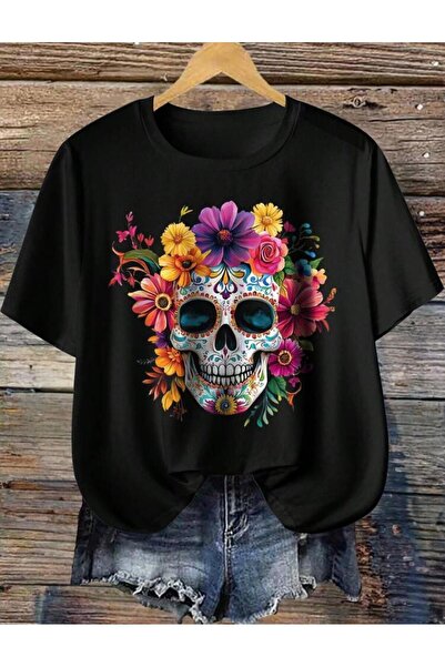 Oceanwear Skull Flower Design Printed Short Sleeve Women's Plain Black Tshirt