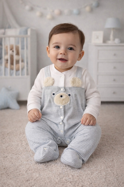 My Babies Label Cute Teddy Bear Detailed Plaid Patterned Newborn Jumpsuit – 1...