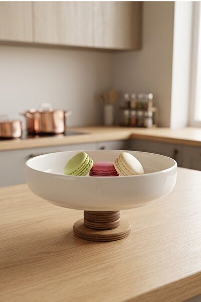 Akkoyunlu home Decorative Ceramic Presentation Bowl and Salad Bowl with Woode...