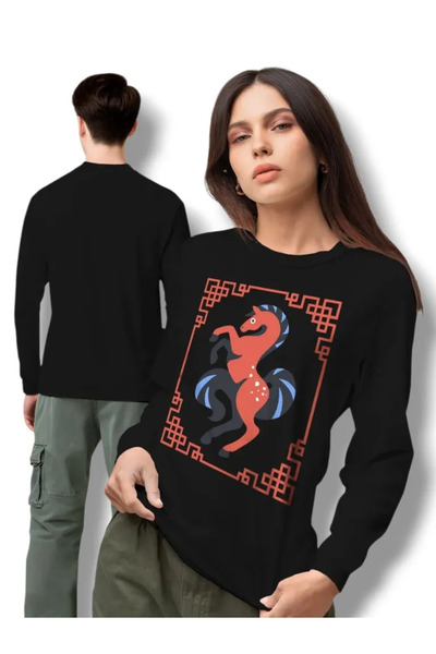 ELNOYA سويت شيرت أسود منقوش بنقش الحصان للجنسين