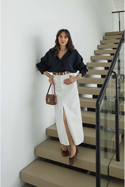 Havoş Fusta din denim ecru cu șliț în față și curea