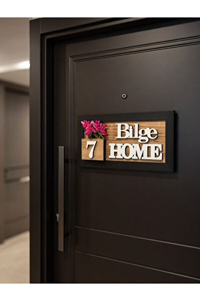 Bilge Lazer Kişiye Özel Ahşap Kapı İsimliği ( PEMBE ) Çiçekli – 10x20 cm MDF ...