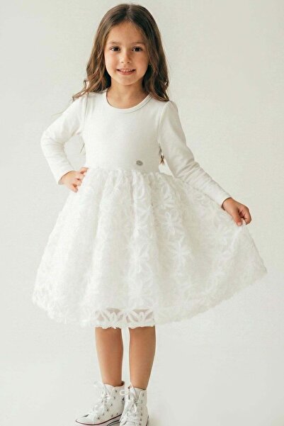 Breeze Girl's Long Sleeve Dress with Organza Embossed Floral Tulle Detail on ...