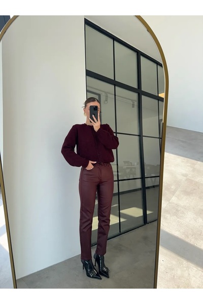 Ellarisse Kadın Bordo Mumlu Deri Jean Pantolon