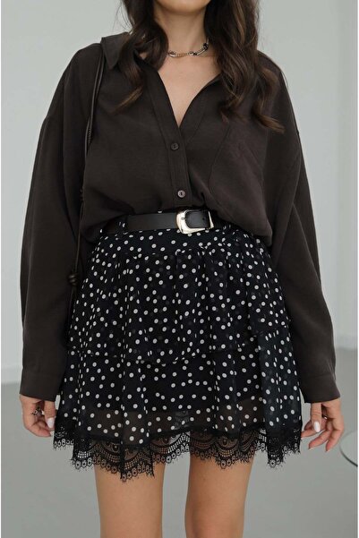 Havoş Fusta neagră din șifon cu buline și curea Jory