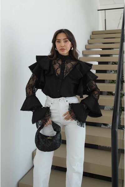 Havoş Μαύρο πουκάμισο με δαντέλα και λεπτομέρειες