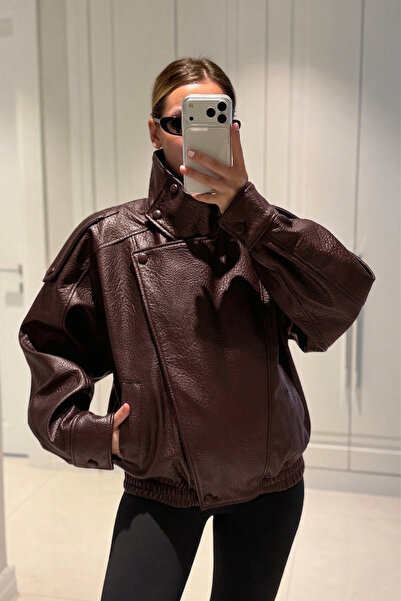 MANMARK Viral Oversize Women's Leather Jacket High Collar Burgundy Urban Styl...