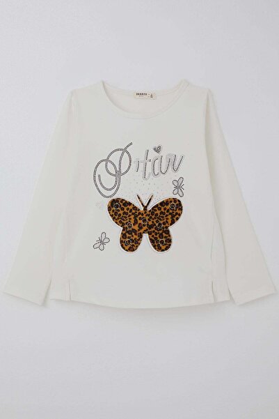 Breeze Girl's Long Sleeve T-Shirt with Leopard, Butterfly Emblem, Stone Lette...