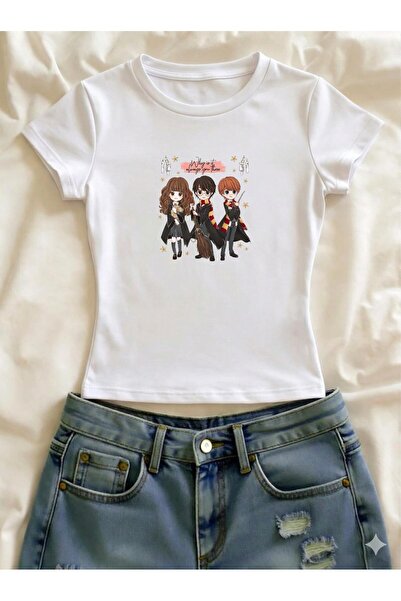 Vordevia Harry Potter Printed Lycra Slim Fit Short Sleeve Crew Neck Tee Crop