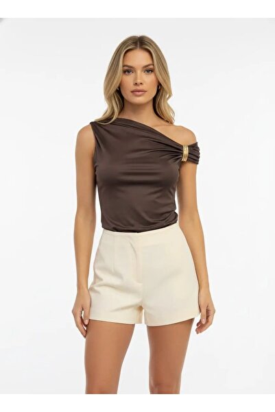 Park Karon Women's Boat Neck Gathered Detail Buckle Slim Fit Modal Blouse 26002