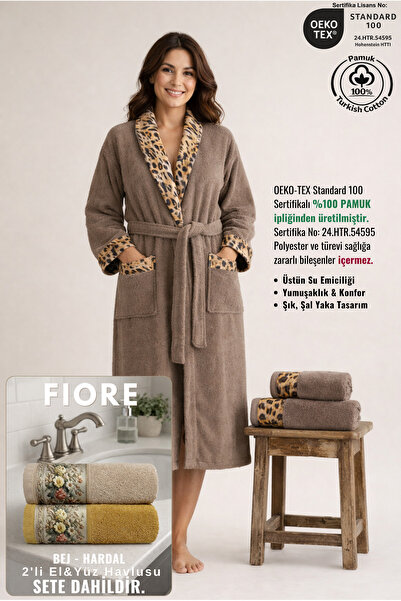 Ellaline 3 Piece Leopard Patterned Women's Bathrobe Set 100% Certified Cotton...