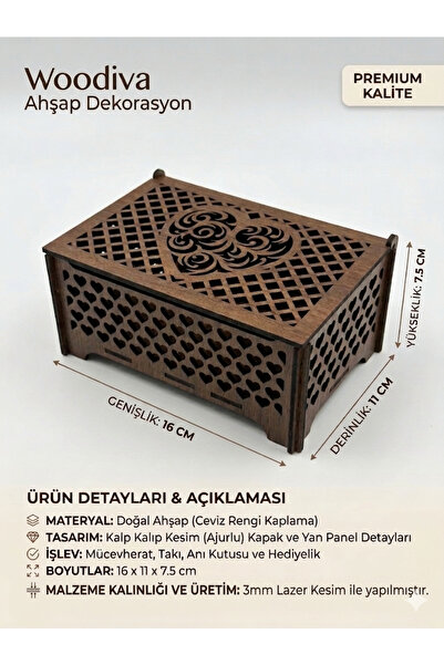 WOODIVA AHŞAP Woodiva Walnut Color Heart Patterned Wooden Memory and Jewelry ...