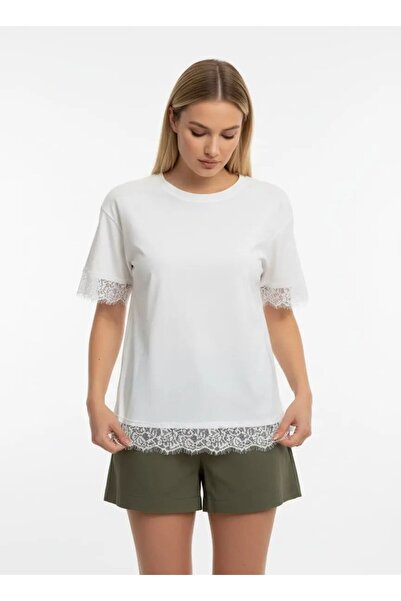 Park Karon 26006 100% Cotton Crew Neck Lace Detail Loose Combed Cotton Blouse