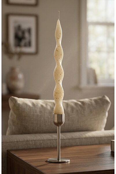 inci mum Spiral Burgulu Şamdan Mum Krem Altın Püskürtme