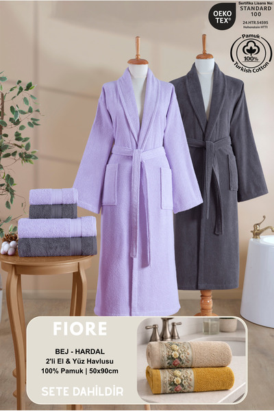 Ellaline 6 Parça Şalyaka Bornoz Aile Seti 100% Pamuk Sertifikalı + FIORE 2'li...