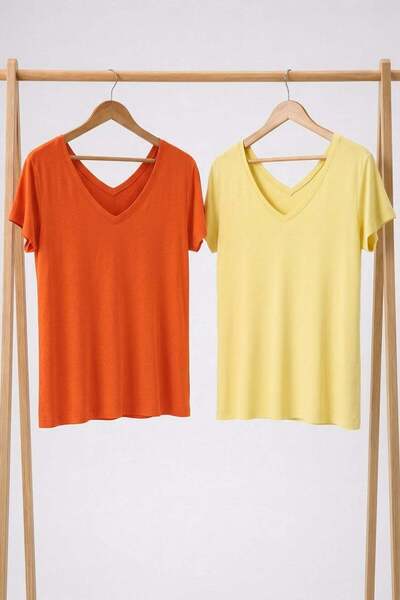 COTENCONCEPT 2 Pieces Front and Back V-Neck Basic T-Shirts