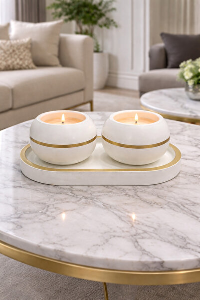 Nox Atelier 2’li Beyaz Gold Şerit Detaylı Dekoratif Mum – Gold Altlıklı Minim...