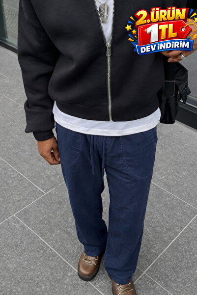 DAMGA JEANS Men's Summer Regular Loose-Legged Navy Blue Linen Trousers